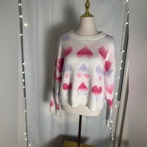 MAJOR Label Group Heart Print Sweater White Pink Purple Women’s Size Large